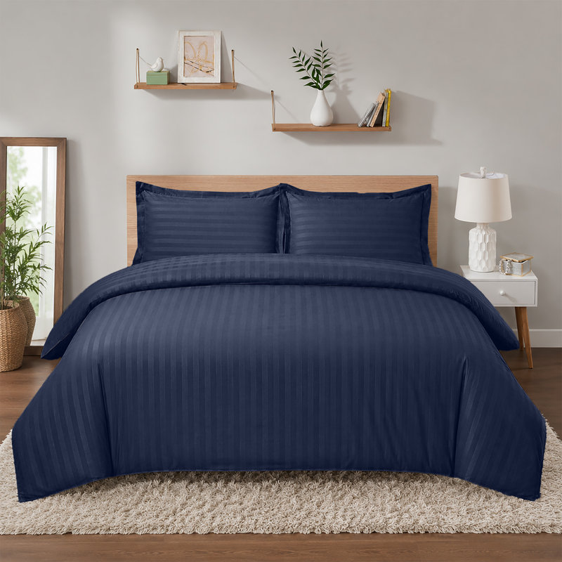Imperial Homeware London Microfiber Striped Duvet Cover Set with Pillowcases Included, Navy