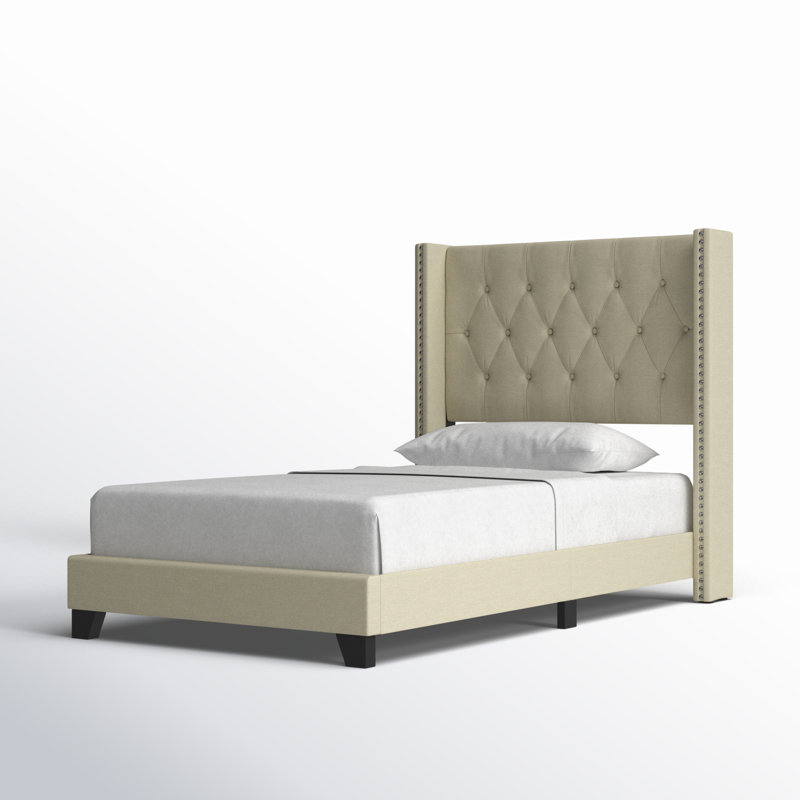 Lit standard tapissier Sanders, Simple, Lin beige
