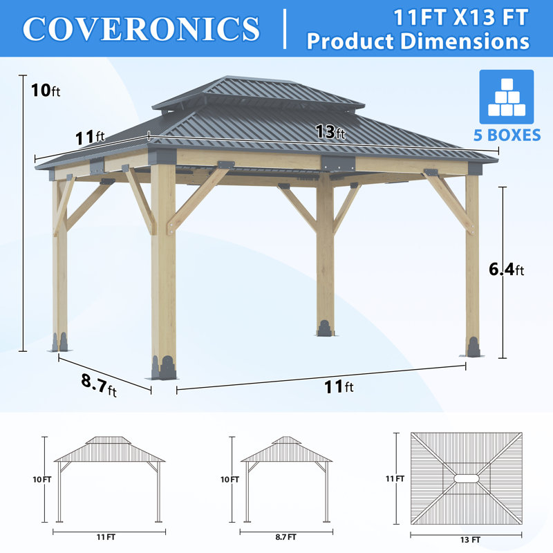 13 ft. W x 11 ft. D Outdoor Cedar Wooden Gazebo with Galvanized Steel Hardtop Double Roof, 10.1' H x 13' W x 11' D