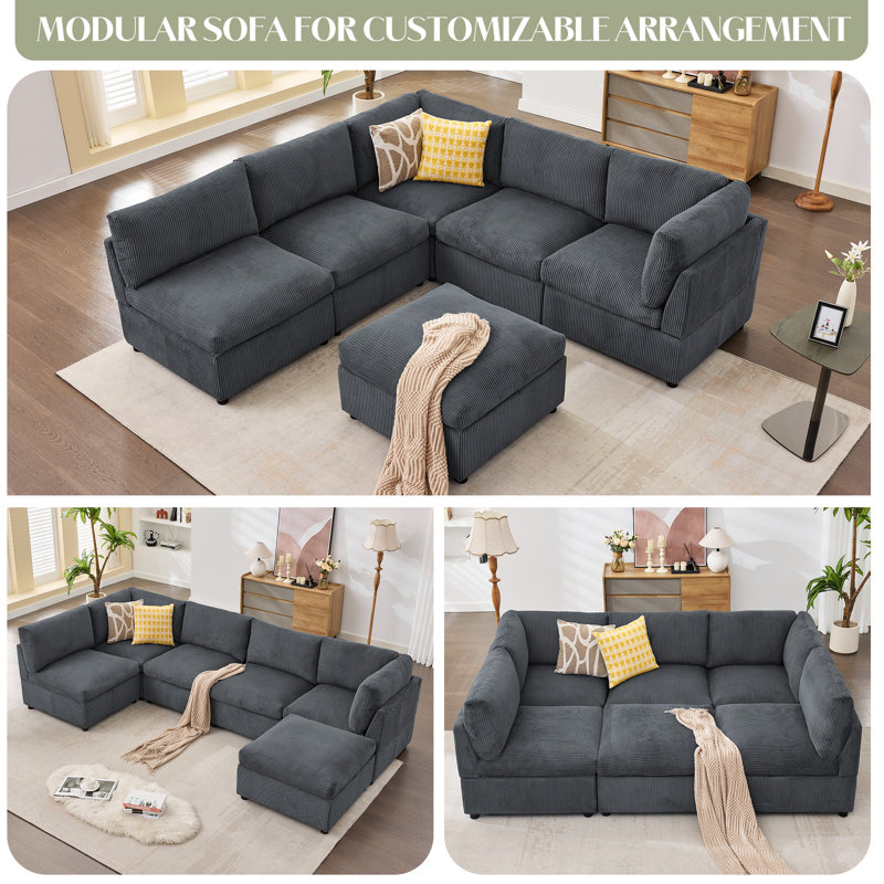 130" Oversized Corduroy Modular Sectional Sofa with Ottoman, Gray - 32" Deep Seats, Seats 6, Reconfigurable U/L-Shaped Sleeper