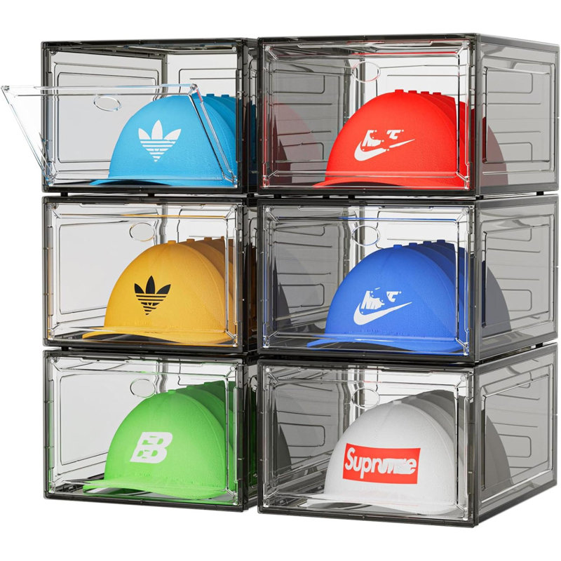 Boîte de rangement pour chapeaux, 6 boîtes pour 40 chapeaux, organisateur de chapeaux en plastique solide plus solide pour les casquettes de baseball, rangement pour chapeau avec porte magnétique, support à chapeau, porte-chapeau, étui à chapeau, bo