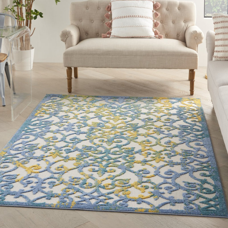 Tapis intérieur / extérieur bleu / ivoire Mappsville, Rectangle 6 pi x 9 pi