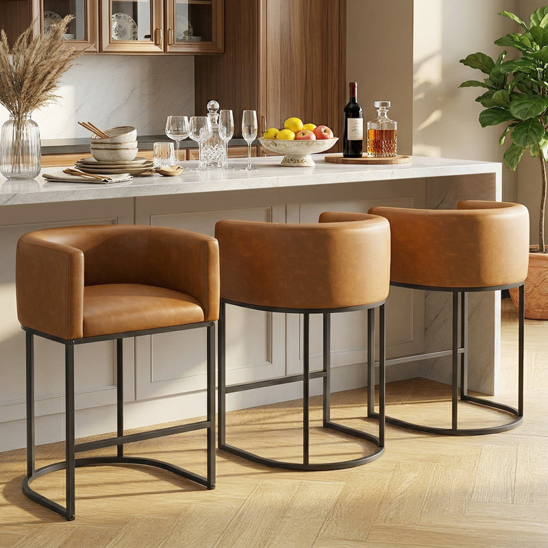  Mid-century  Modern PU Leather Counter Stool Barrel Counter Height Stools Set of 3, Walnut