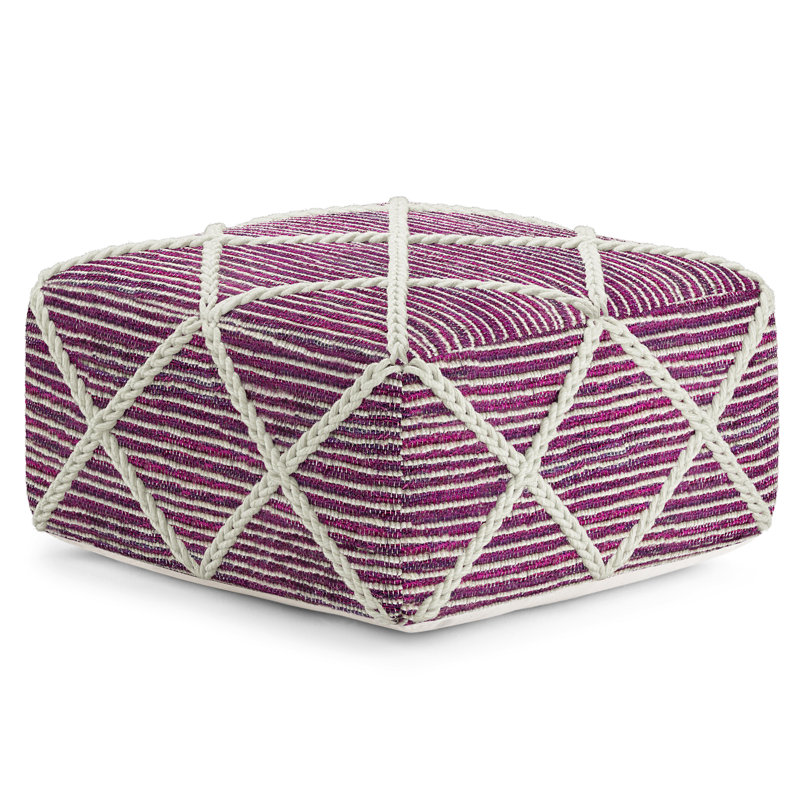 Cowan 20"W Wool and Cotton Square Pouf with Diamond Stitching, Magenta Cotton Wool