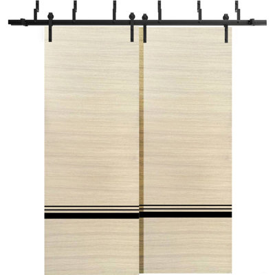 Portes coulissantes de grange avec quincaillerie de 2 m (6,6 pi) Planum 0012 Placage naturel Rails robustes et résistants Ensemble en acier Porte coulissante double - 213 x 203 cm (84 x 80 po) (2 x 107 x 203 cm)