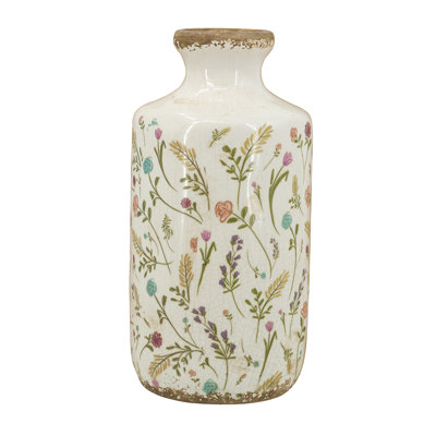 Ceramic Cylinder Vase With Multi-Colored Floral Motifs, 10.6"H X 5.3"D Weathered Rim Decorative Vase For Living Room, Dining Table, Bedroom