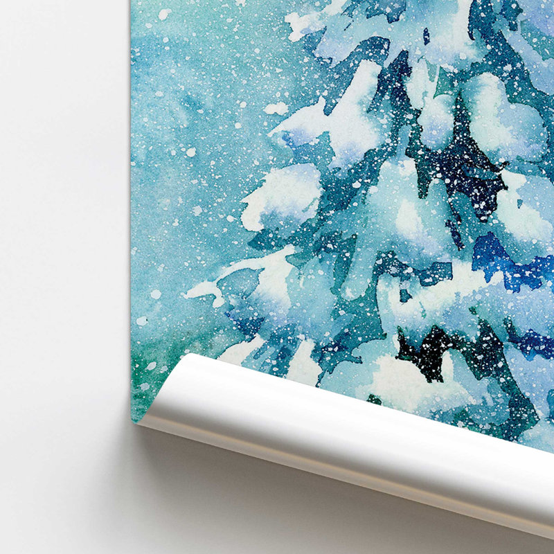 Arbre de Noël givré imprimé dans un cadre noir satiné, Papier, H 10 po x l 8 po x P 0,1 po