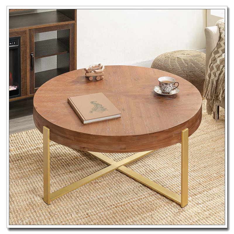 Table basse ronde, plateau en bois de sapin avec pieds en croix dorés, H 17,72 po x L 33,86 po x l 33,86 po, Doré