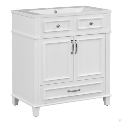 Meuble-lavabo de 30 po avec lavabo en résine, armoire de rangement en bois massif avec portes à fermeture douce, style rétro
