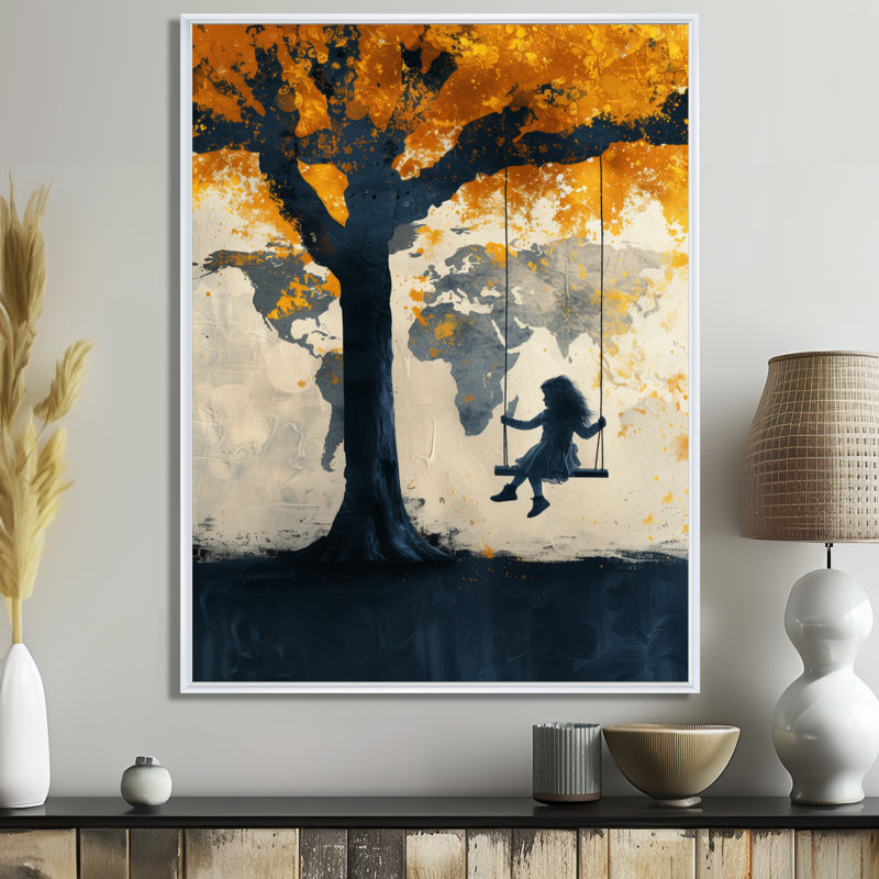 Jaune, jaune, carte du monde, aire de jeux Silhouette I - carte du monde, art mural, Cadre flottant blanc, H 24 po x l 32 po