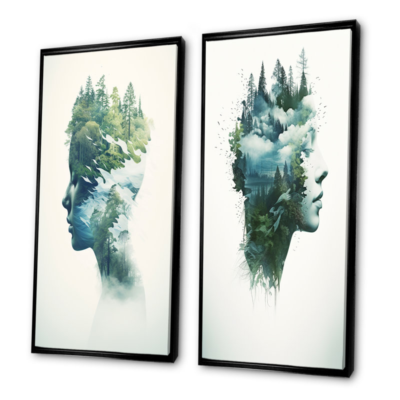 Mindfulness Calming Double Exposure Portrait - Ensemble de 2 reproductions de toiles abstraites, Cadre noir
