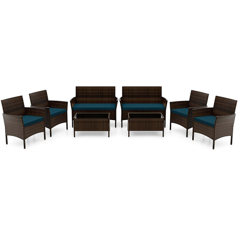 8 Pcs Patio Furniture Set With Washable Cushions And Tempered Glass Coffee Table, Blue