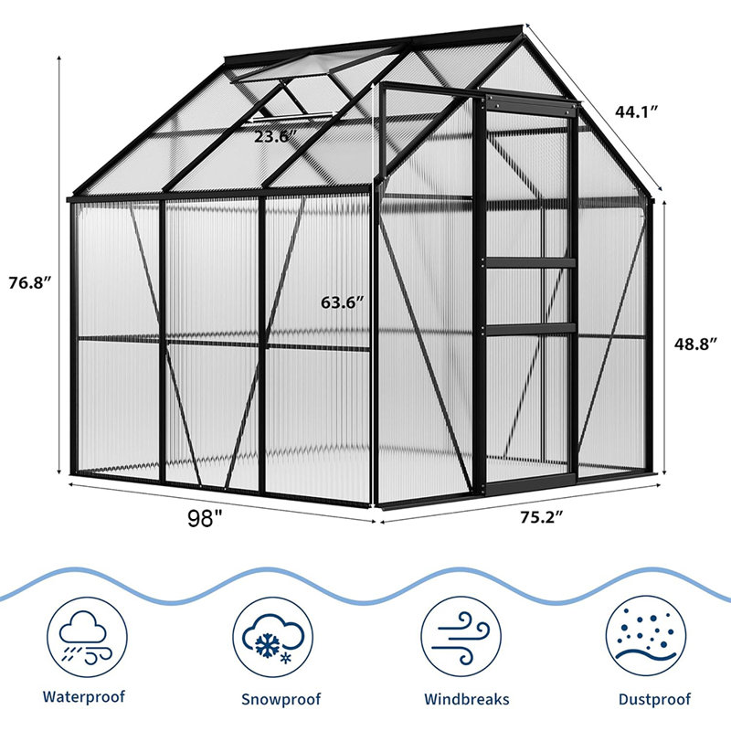 6 x 8 ft Outdoor Greenhouse with Polycarbonate Panels, Aluminum Frame, Sliding Door and Adjustable Roof Vent for Backyard or Garden