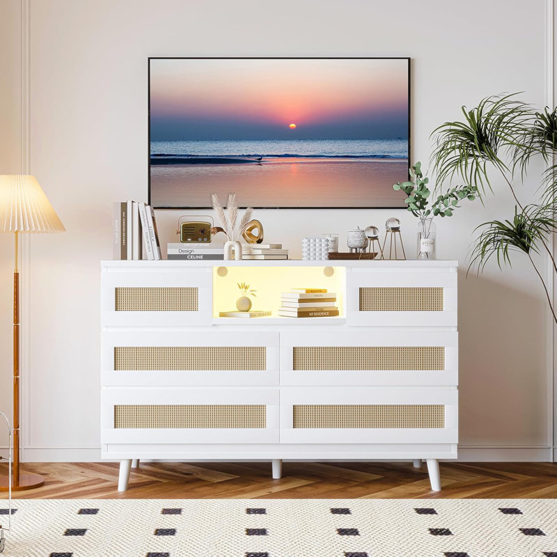 Commode en rotin avec 6 tiroirs pour chambre à coucher avec lumières DEL, Blanc