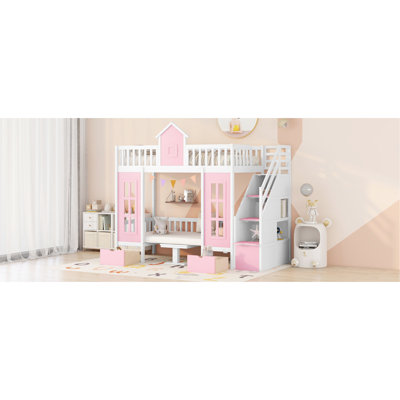 Pink Twintwin Bunk Bed With Convertible Desk, Solid & Twin Size Alterable Desk - Pink, Attractive