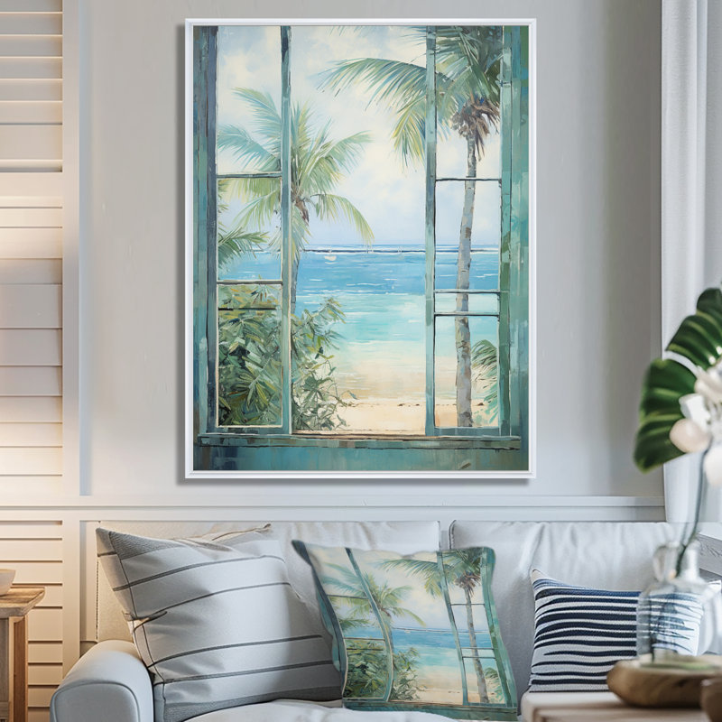 «Tropical beach Windows horizon I» - Impression sur toile côtières, Cadre flottant blanc, H 32 po x l 24 po x P 1 po