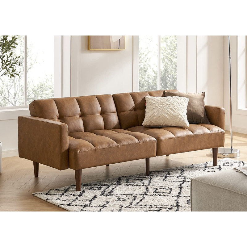 Reiana Twin 77.56'' Wide Faux Leather Convertible Sofa, Pecan Brown Poyester Blend