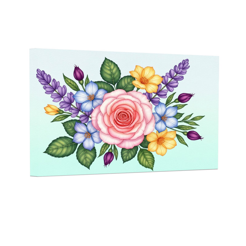 Bouquet de plantes et de fleurs avec rose et lavande, H 16 po x l 24 po, Toile tendue, Ne s’applique pas