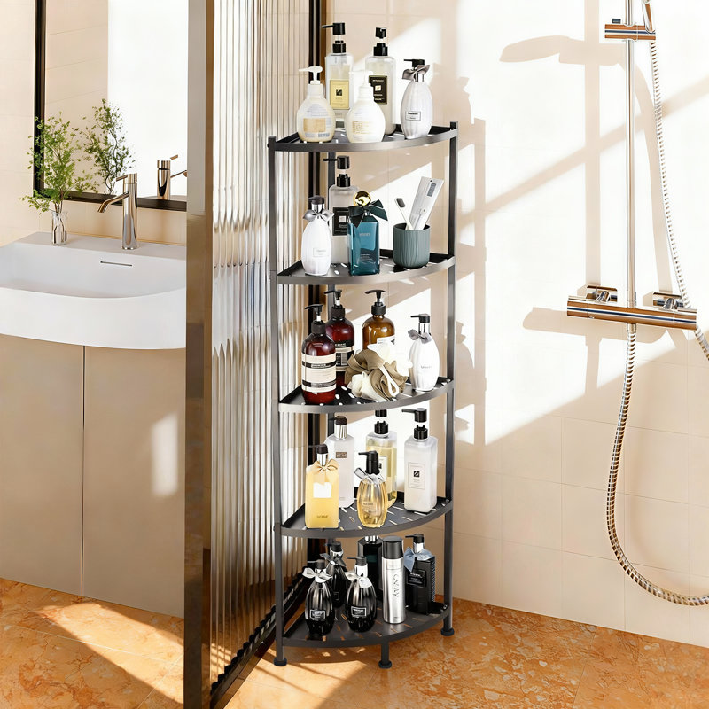 Étagère d'angle à 5 niveaux, support de rangement en métal pour salle de bain, noir