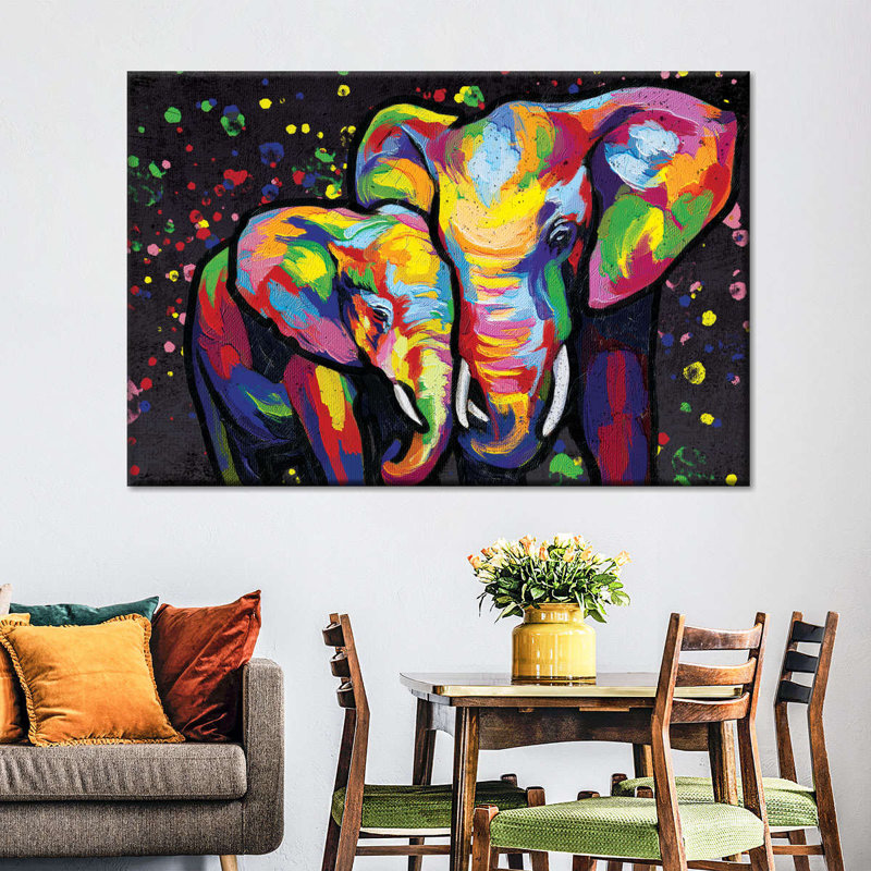 «Elephant Parents and Child», impression abstraite sur toile, H 16 po x l 24 po x P 1,25 po