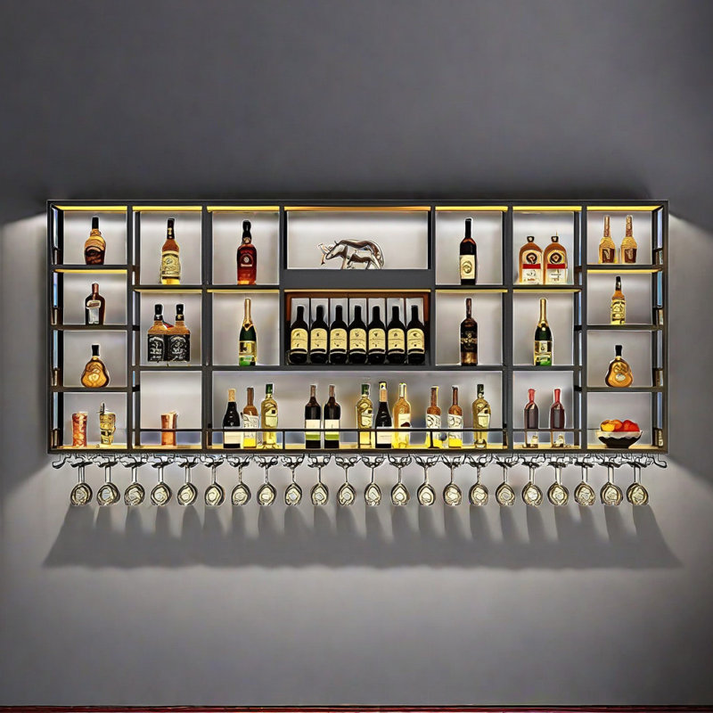 Support à vin mural laqué, H 47,2 po x l 118,1 po x P 7,8 po, Noir, noir, noir, noir