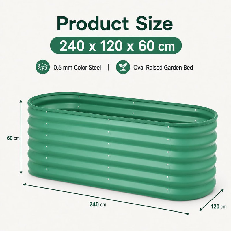 Metal Raised Garden Bed, 60cm H x 240cm W x 120cm D, Green