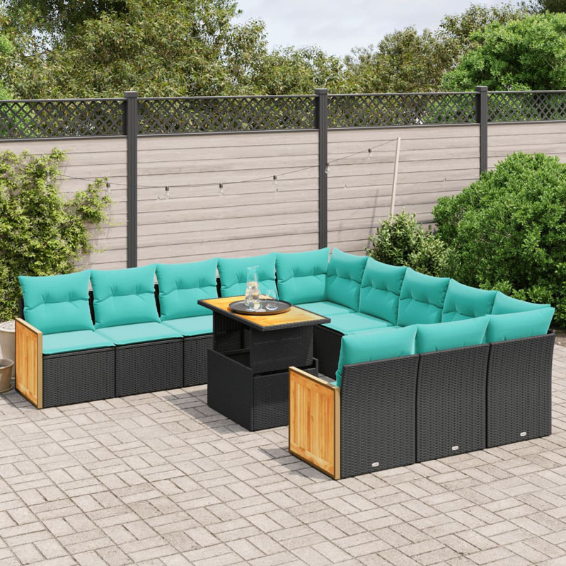  Ensemble de canapé de patio 11 pièces avec coussins en rotin de polyester, Noir, Vert