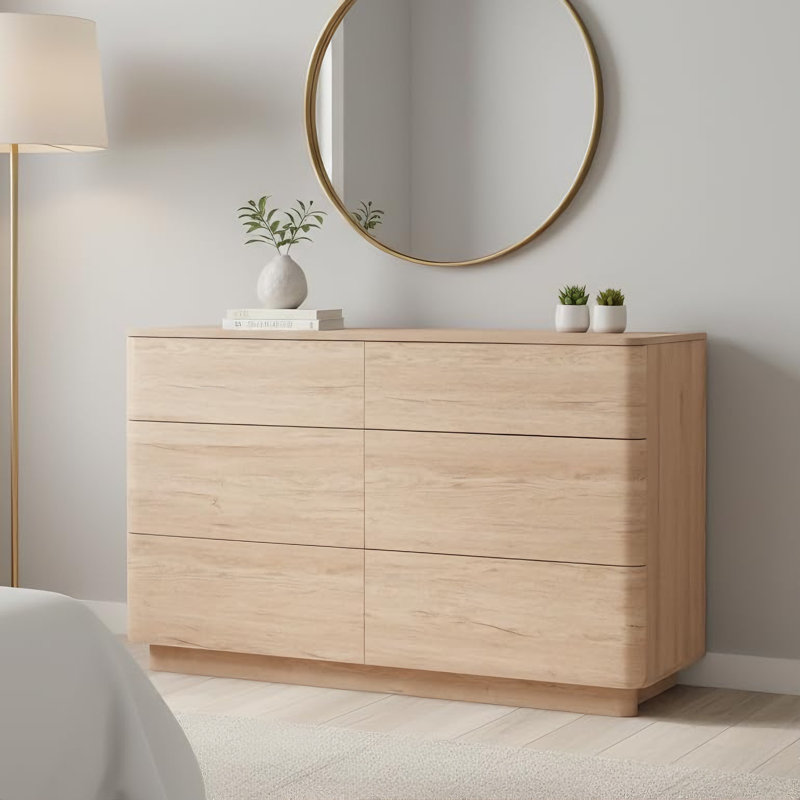 52''W Modern Double Dresser, Wood Chest of 6 Drawers, Natural Oak