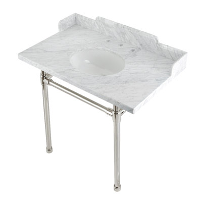 Kingston Brass Dreyden 36-Inch Carrara Marble Console Sink with Stainless Steel Legs (8-Inch, 3-Hole)