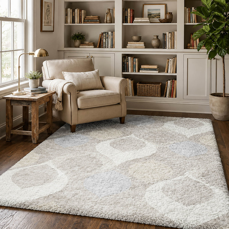 Tapis Dream Shag ADS749 de style moderne du milieu du siècle, lavable à la machine de qualité supérieure, Ivory, 5' x 7'6"