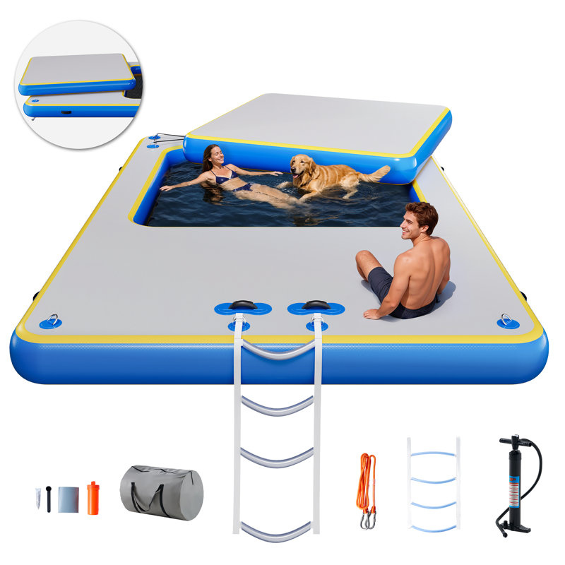 Ensemble de plateforme de quai flottant gonflable avec découpe de 15 cm, 12 pi L 8 pi. L + 6 pi L 6 pi. L, PVC brossé, gris