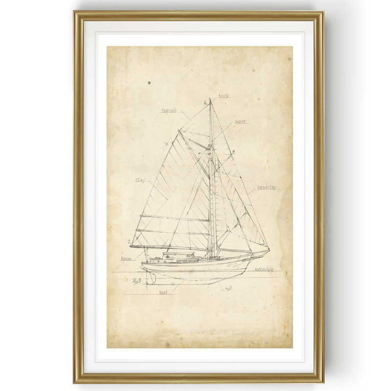 Plan de voilier III - reproduction sur toile, H 18,5 po x l 24,5 po x P 1,5 po, Or
