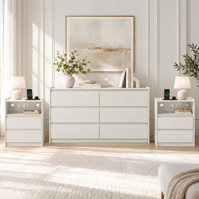 Ensemble de meubles de chambre à coucher modernes 3 pièces avec commode à 6 tiroirs et 2 tables de chevet avec stations de recharge