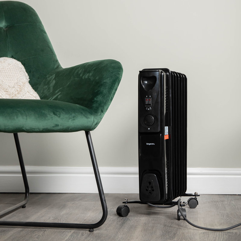 1500W 1.5Kw 7 Fin Slimline Black Oil Filled Radiator Heater On Wheels