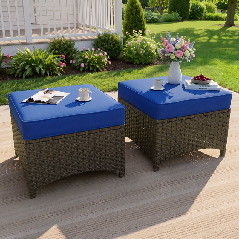 Repose-pieds d'extérieur pour patio avec coussin, repose-pieds en osier PE tissé à la main, Navy