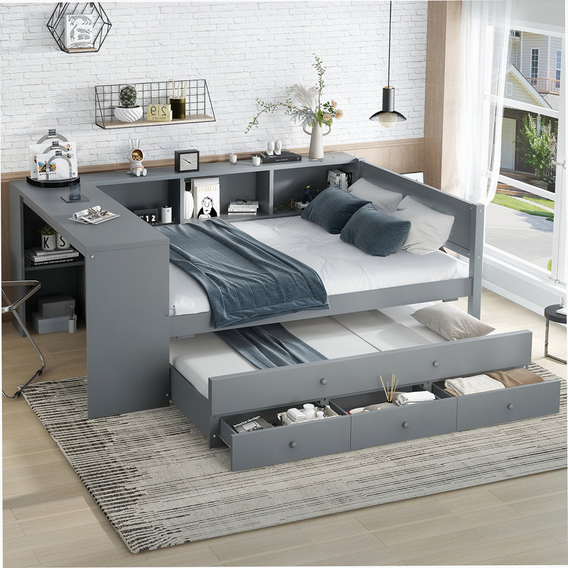 Lit de jour fonctionnel avec lit gigogne, tiroirs de rangement intégrés, tablettes latérales et bureau, idéal pour économiser de l'espace et une vie confortable