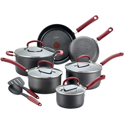 T-fal Ultimate Hard Anodized Aluminum Nonstick Cookware Set, 12 piece, Gray with Red handles