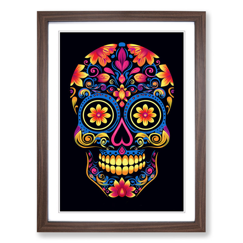 Sugar Skull Minimalism No.2 - Single Picture Frame Print on Wood, 64cm H x 46cm W x 2cm D, Walnut