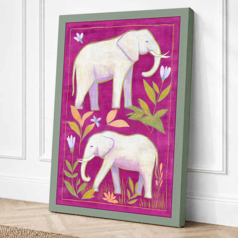 Symmetrical Elephants And Bloom Eclectic - Print, 24x16 - 61.0 x 40.6 cm, Sage Border