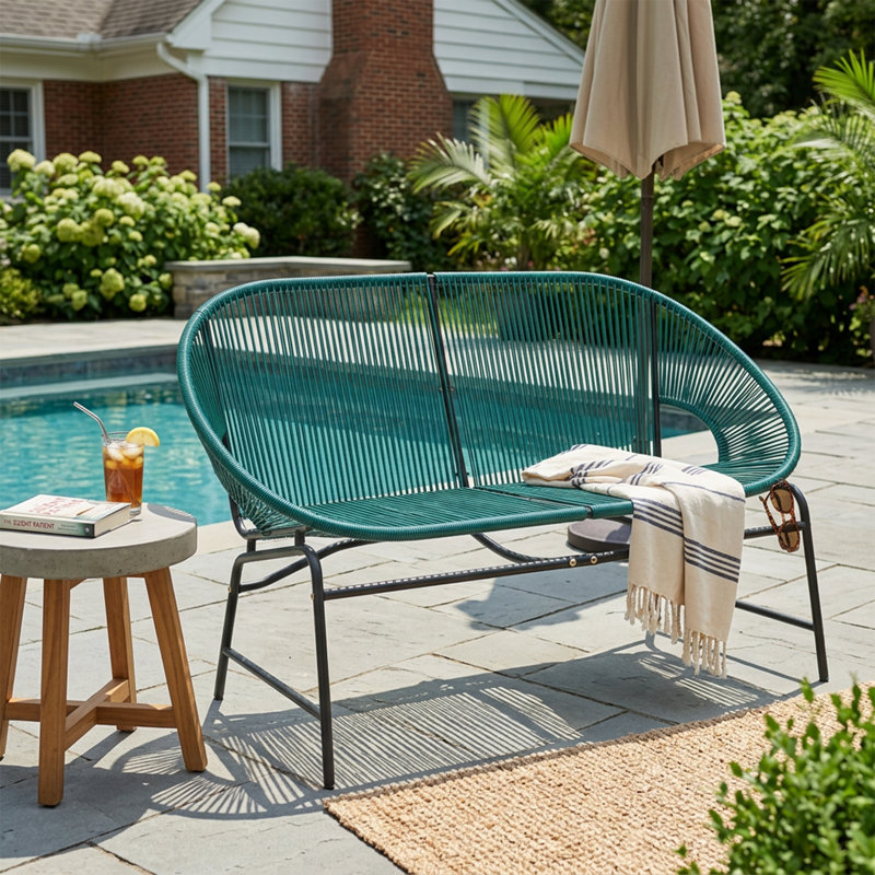 52 Inch Mid-Century Modern Outdoor Patio Rattan Love Seat, Teal