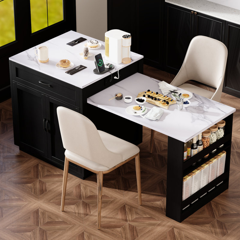 Îlot de cuisine extensible pour 2 à 6 personnes, plateau en faux marbre noir, grand rangement, port, charnières à fermeture en douceur modernes avec table extensible, finition, 2 tablettes ouvertes doubles, prises de courant