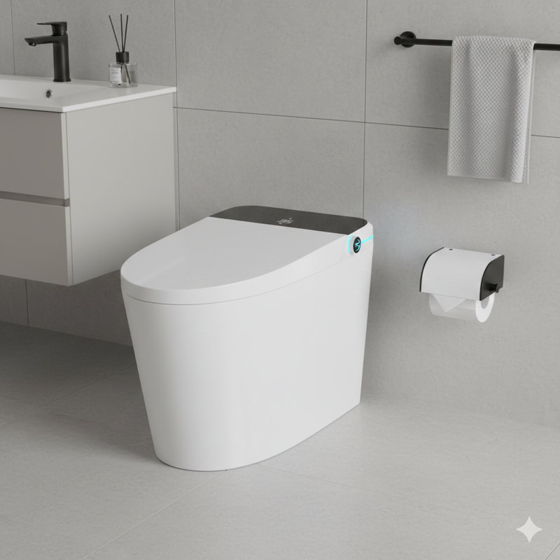 Modern smart toilet with an integrated bidet seat, featuring intelligent automated lid opening/closing, foot sensor activation, LED display, nightlight, and warm water washing and dryer functions, in white.