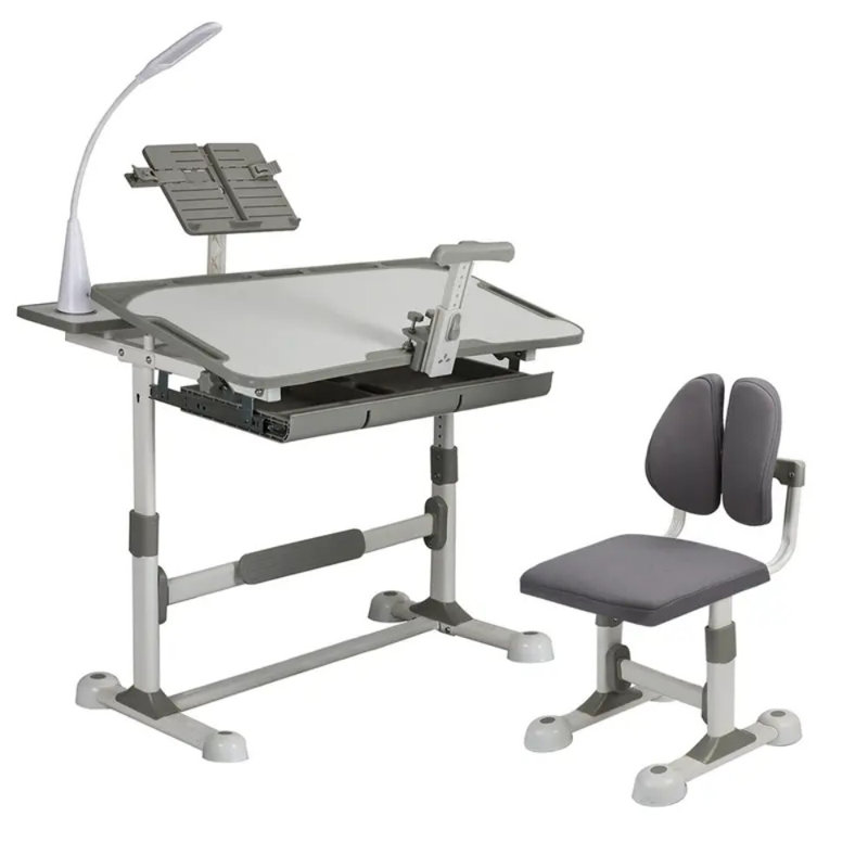 Ensemble multifonctionnel de table et de chaises pour enfants, avec hauteur réglable, tiroir de rangement, plateau inclinable réglable, bibliothèque et éclairage à DEL, adapté à l'écriture, à la lecture et au dessin, indispensable pour étudier à la maison, idéal comme cadeau