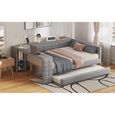 Gray Full Size Upholstered Bed With Storage Shelves, Desk, Charging Ports And Twin Trundle For Multi - Person Accommodation Built In Home Convenience