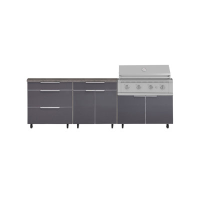 Ensemble de cuisine extérieure en aluminium gris ardoise, 5 pièces, avec roulettes et 3 tiroirs, comprenant un bar, un meuble barbecue, un barbecue haute performance au propane de 102 cm et un comptoir en pierre reconstituée grise de 163 cm.