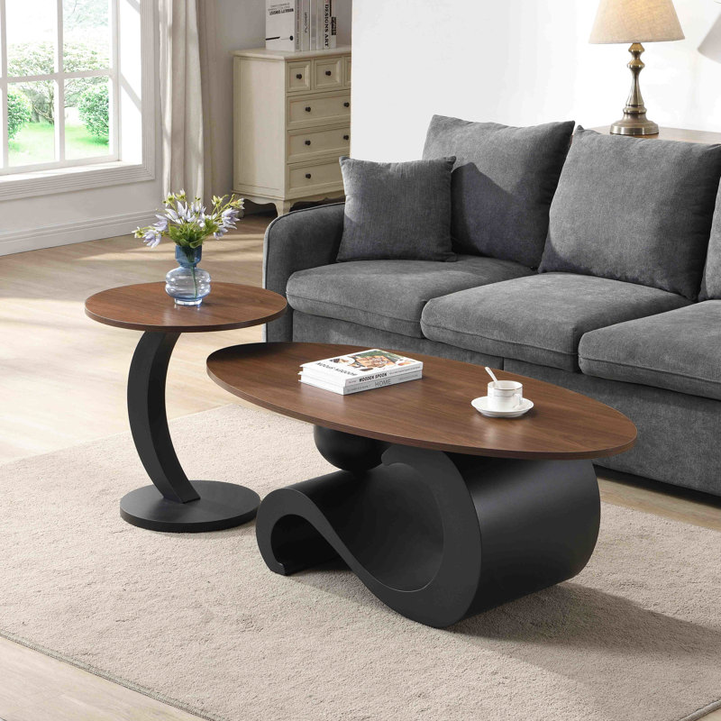 Table basse ovale et ronde de style industriel, 2 pièces pour espace de vie principal, structure en métal, pieds réglables, noir, design, métal, assemblage rapide
