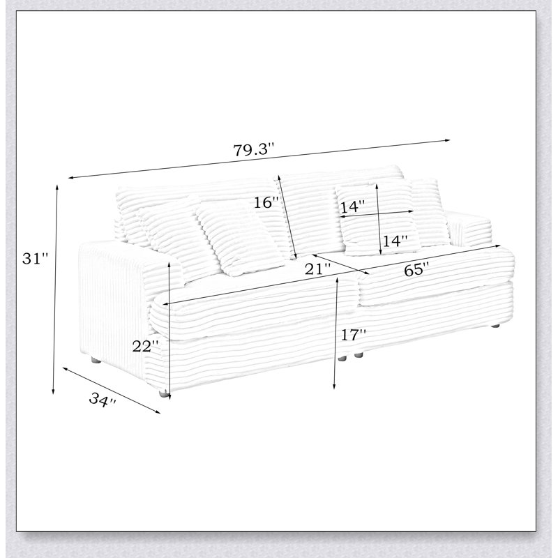 Canapé en velours côtelé de 79,3 pouces de long avec 4 coussins décoratifs assortis, design élégant pour un confort spacieux et une vie moderne