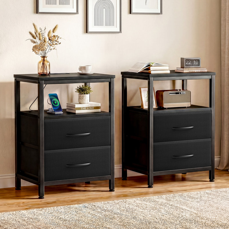 Nightstand with Charging Station and 2 Fabric Drawers, Bedside Table with USB Ports and Outlets, End Table with Open Shelf, 2