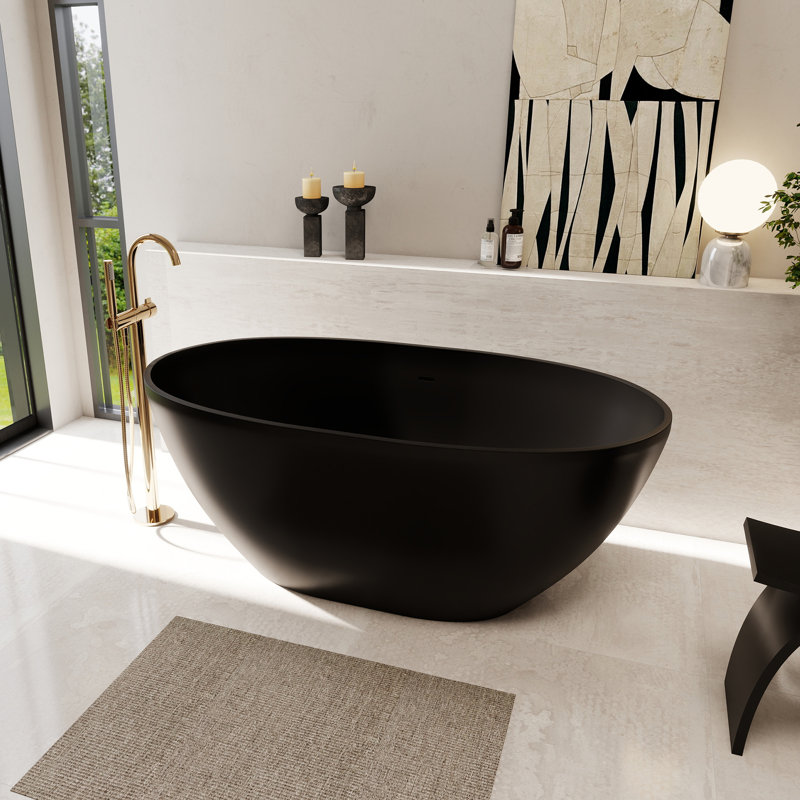 Euston 55" x 30" Freestanding Soaking Stone Rein Bathtub, Matte Black