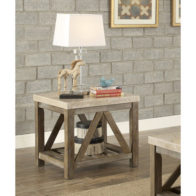 Table de bout avec support en angle de style industriel 1pc avec plateau inférieur et plateau en marbre